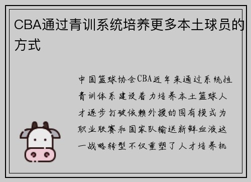 CBA通过青训系统培养更多本土球员的方式