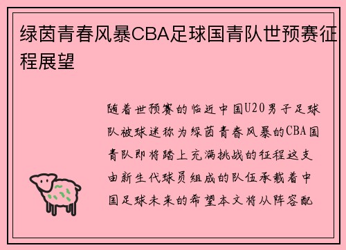 绿茵青春风暴CBA足球国青队世预赛征程展望