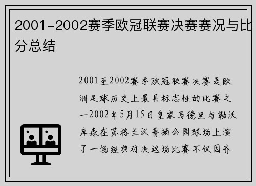 2001-2002赛季欧冠联赛决赛赛况与比分总结