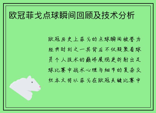 欧冠菲戈点球瞬间回顾及技术分析